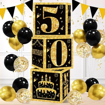 Immagine prodotto di Set di 3 scatole decorative, nere e dorate, da 27 cm, ideali per feste di compleanno