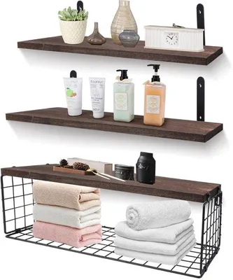 Produktbild von Ibenzoa® 3er Set schwebende Wandregale aus Paulownia-Holz, 40×15×1,5 cm – mit Drahtkorb, 4 L‑Metallhalterungen & Montagematerial für Bad, Küche, Wohnzimmer