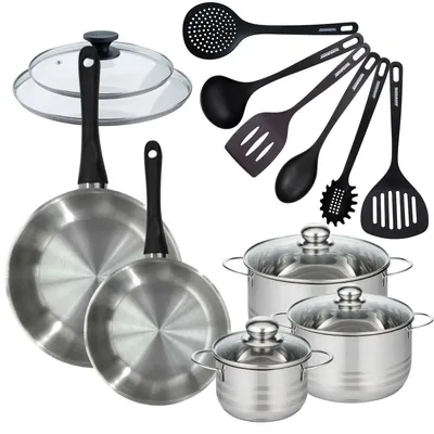 Image de Batterie de cuisine 2 poêles 24/28 cm et couvercles, 3 faitouts 16/20/24 cm et 6 ustensiles Fackelmann Geneva