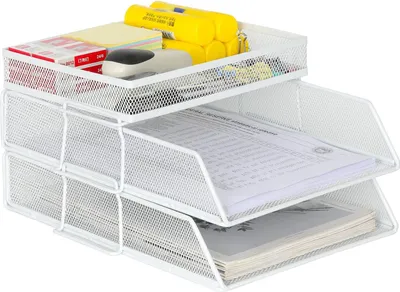 Produktbild von 2-lagiger A4 Mesh Schreibtisch-Organizer - Stapelbar - Büro-Organizer mit Zeitschriften- und Dokumentenablage - Weiß