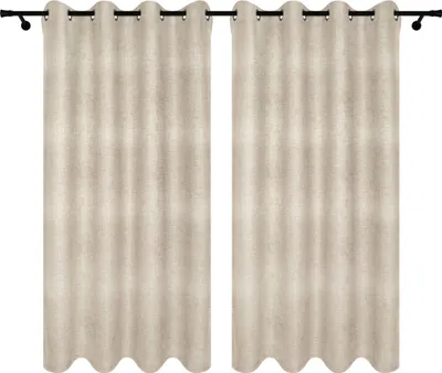 Two beige curtains hanging on a curtain rod against a white background.