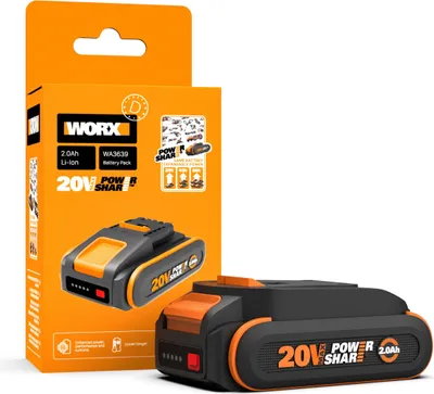 Produktbild von WORX WA3639 Original PowerShare Akku 20V - 2000mAh Li-Ion, wiederaufladbarer - kompakter Akku mit höher Sicherheit & längerer Laufzeit - mit LED-Ladestandanzeige - kompatibel für alle WORX Geräte