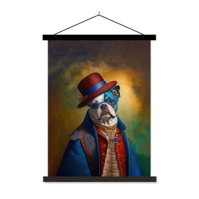 Produktbild von MuchoWow® Textilposter Hund - Porträt - Kleidung - Hut - Abstrakt 40x53 cm mit schwarzem Rahmen - Abbildung