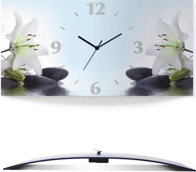 Produktbild von ARTland Wanduhr, gebogen Quarzuhr - schwarzer Zeiger Nadonna Lilien und Spa Steine im Wasser Größe: 60x30 cm