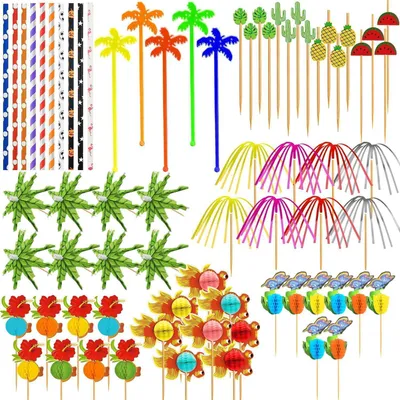 Productafbeelding van Cocktaildecoratieset, 153 stuks, herbruikbare accessoires, parasols, confetti-stokjes, roerstaafjes, rietjes, feestdecoratie