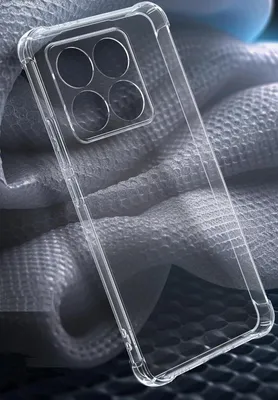 A clear phone case is shown on a textured gray fabric background.