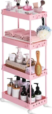 Obrázok produktu pre Kuchynský vozík so 4 policami – šírka 22 cm – vozík do kuchyne alebo obývačky – ružový – 40 x 22 x 88 cm