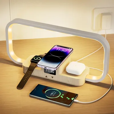 LED-Bürolampe mit USB-Ladefunktion, Holz, Weiß, dimmbar