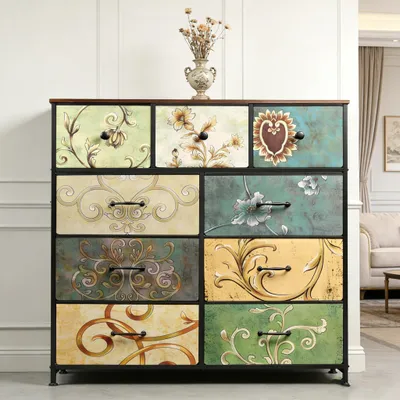 Image de Commode INONEFT avec 9 tiroirs, revêtue en tissu, structure en métal. Meuble de rangement pour tiroirs, commode pour chambre à coucher, salon, motif floral vintage
