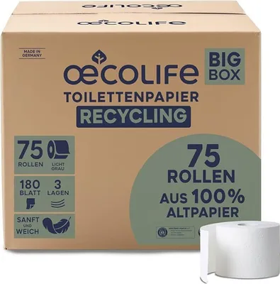 Produktbild von oecolife Toilettenpapier Box RECYCLING, 3-lagig, 75 Rollen x 180 Blatt, Großpackung, superweich