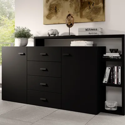 Produktbild von Masseno Kommode BOTTEGA 180 cm Sideboard mit 4 Schubladen und 2 Türen für Wohnzimmer Schlafzimmer Modern 180x37x98 cm Schwarz / Schwarz