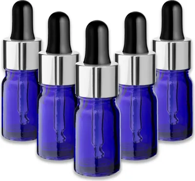 Produktbild von 5x Blaue Glasflasche 5 ml mit silberner Aluminiumpipette Tropfflasche