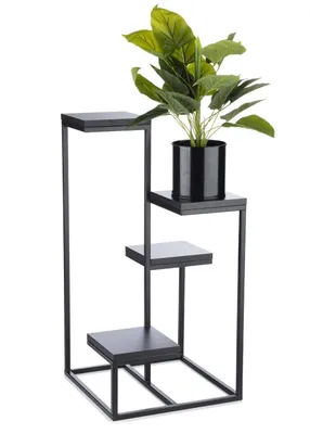 Produktbild von HowHomely Modern Pflanzenständer mit 4 Ablagen, Blumenhocker aus Metall Schwarz 79 cm Höhe - Blumenständer für das Haus