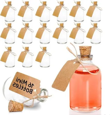 Zdjęcie produktu dla Szklane buteleczki do dekoracji ślubnych i uroczystości – mini etykiety 50 ml – opakowanie 16 sztuk