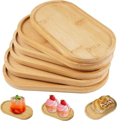 Obrázok produktu pre Mini podnos – 6 kusov – drevo – 17,5 × 8,8 × 1 cm – podložky – drevené dosky – bambus – protišmykové – oválny tvar