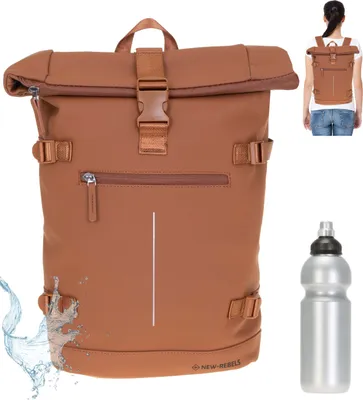 Produktbild von Rucksack Damen Herren Roll Top Kurierrucksack Laptoprucksack New Rebels William groß A4 Geheimfach Anti-Theft Freizeitrucksack Notebook Backpack 511306 31 Cookie Braun + Trinkflasche bagboom