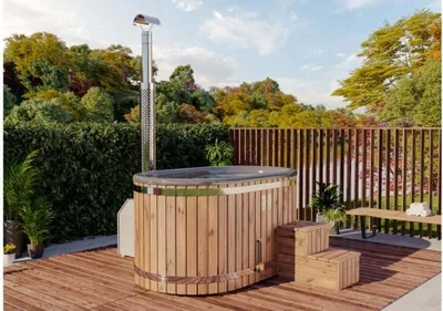 Produktbild von FinnTherm Holz Badefass Malmö aus Thermoholz, Whirlpool, Hot Tub 185 x 118 x 96 cm, 8 Personen, inkl. Edelstahl-Ofen (24 kW), inkl. Deckel und Deckel Schwimmbecken, Badebottich, Sprudelbad