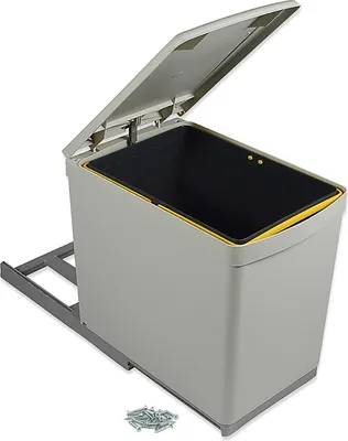 A trash can with a lid and a pull-out mechanism, shown with screws.