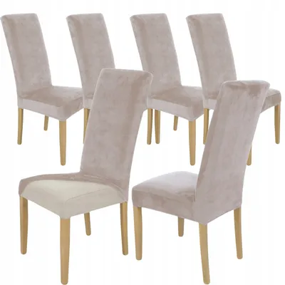 Produktbild von 6 Stück Stuhlhussen Hohe Lehne - Beige - Samt - Universal Stretch Bezug - Stuhlbezug