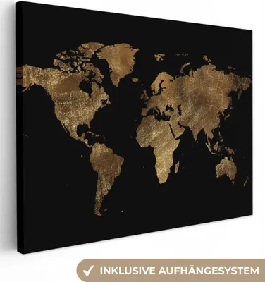 Produktbild von MuchoWow® - Leinwandbilder - Weltkarte - Gold - Luxus - Erde - Schwarz, Wandbild, Wanddeko Bilder Wohnzimmer, 80x60 cm
