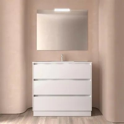 Image de BALTIC, ensemble complet 1000 : 3 tiroirs, finition blanche brillante + meuble-lavabo + miroir + éclairage