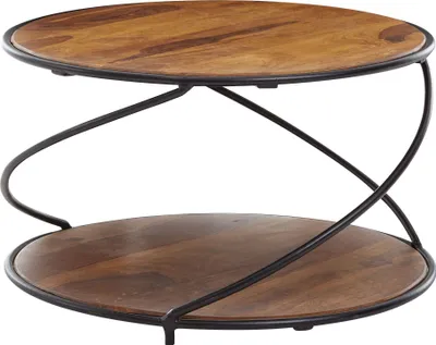 Produktbild von Couchtisch 58x58x35 cm Sheesham Massivholz / Metall Sofatisch Rund | Design Wohnzimmertisch Kaffeetisch Massiv | Kleiner Tisch Beistelltisch Wohnzimmer Modern mit Stauraum