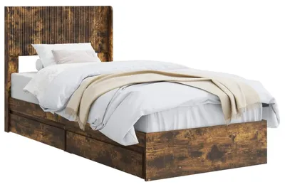 Immagine prodotto di Letto matrimoniale con contenitore e testiera in legno effetto noce, dimensioni 100 x 200 cm