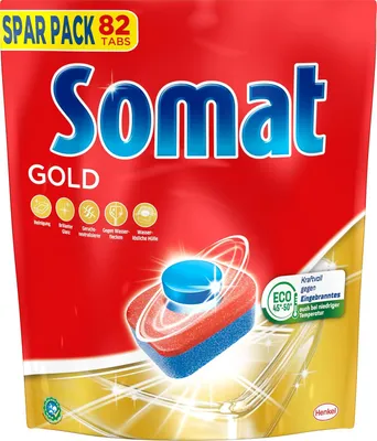 A pouch of Somat Gold dishwasher tabs.