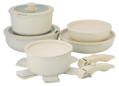 Obrázok produktu pre Sada hrncov a panvíc – 17-dielna – s nepriľnavým povrchom – z hliníkovej zliatiny – s pokrievkami – vhodná do rúry do 280 °C – na indukčné a plynové sporáky – vhodná do umývačky riadu – biela