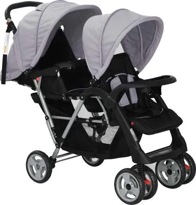A tandem stroller with two seats, shown from the front-left.