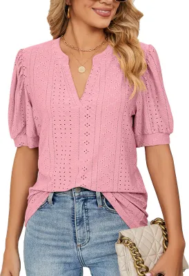 Image de ASKSA T-shirt femme manches bouffantes creusé chemisier col V manches courtes été, rose, L