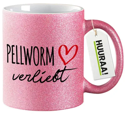 Produktbild von Huuraa Glitzertasse Pellworm verliebt 330ml Pink Keramik Kaffeebecher Geschenkidee