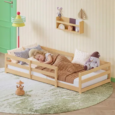 Image de Lit au sol Montessori 90 x 200 cm, lit d'enfant en pin massif avec sommier à lattes et barrières de sécurité, cadre de lit robuste à livrer à plat, finition naturelle