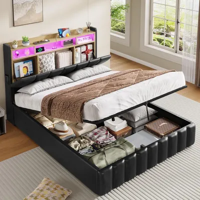 Produktbild von KIMENICHPolsterbett mit LED Beleuchtung, Bett mit Ladefunktion und Hydraulischem Stauraum, 140 x 190 cm, Schwarz