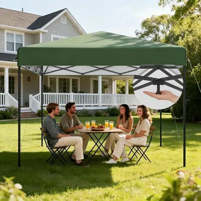 Immagine prodotto di Padiglione pop-up 3x3 metri, impermeabile, con protezione UV, struttura in acciaio, colore verde, altezza regolabile