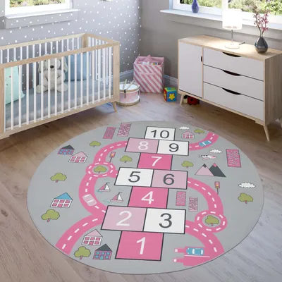 Produktbild von Teppich Kinderzimmer Kinderteppich Spielteppich Straßen Design Mit Hüpfkästchenspiel Grösse Ø 160 cm Rund