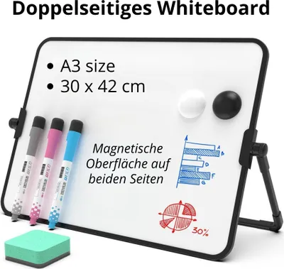 Produktbild von Doppelseitiges Whiteboard A3 mit Ständer – Magnetisch, 360° drehbar, trocken abwischbar – Tisch-Flipchart für Büro, Schule, Präsentation & Zuhause