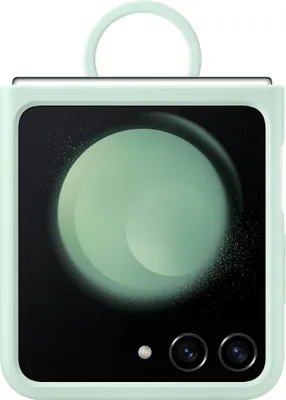 A mint-colored phone case with a loop on top, displaying the phone's camera and a circular graphic on its screen.