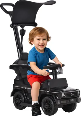Image de HOMCOM Porteur Enfants Voiture Enfant Multi-équipée 12-36 Mois klaxon Marche-Pieds, Garde-Corps et ombrelle Noir