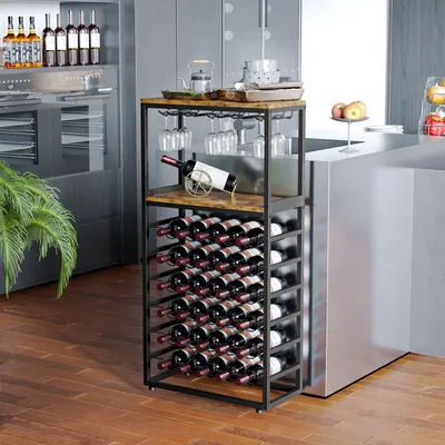 Produktbild von Iropro Weinregal für 30 Flaschen, Freistehender Flaschenregal mit Glashalter und Tischplatte, Metall Ausstellungsregale Vintage für Küche Bar Keller Esszimmer 59 x 30 x 141 cm