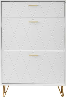 A white shoe cabinet with a diamond pattern on the drawers and gold legs and handles.