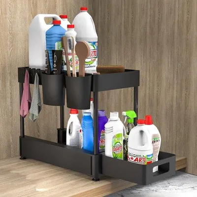 Immagine prodotto di Scaffale nero a due ripiani con cassetto e ganci per la cucina o il bagno
