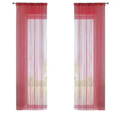 Two red string curtains hanging against a white background, with a blurred view of greenery behind them.
