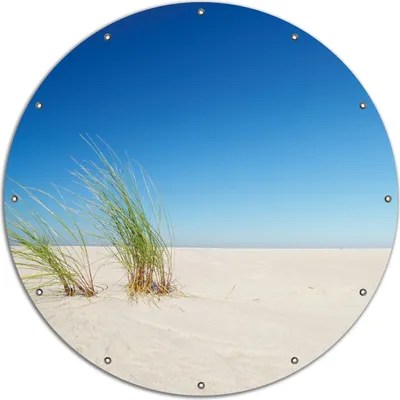 Produktbild von Wallario rundes Outdoor-Poster für Garten oder Balkon, Motiv Sandstrand unter blauem Himmel, 120 cm Durchmesser