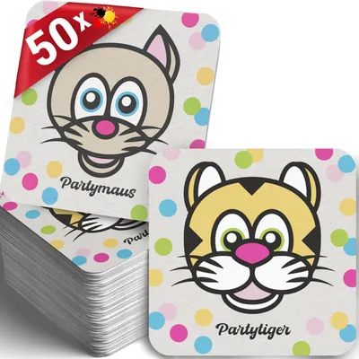 Produktbild von 50 Bierdeckel Partymaus & Partytiger, Kindergeburtstag Tiermotive Bunt