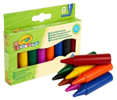 A box of Crayola Mini Kids jumbo crayons with some crayons scattered in front of it.