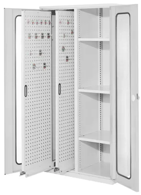 Produktbild von Schwerlastschrank, Sichtfenstertüren, 2 Vertikalauszüge, 3 Fachböden, BxTxH 1000x600x1950 mm, RAL 7035