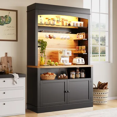 Image de OKWISH Buffet Haut - Armoire de Rangement avec Éclairage LED et Étageres Ouvertes, MDF et Métal, Noir