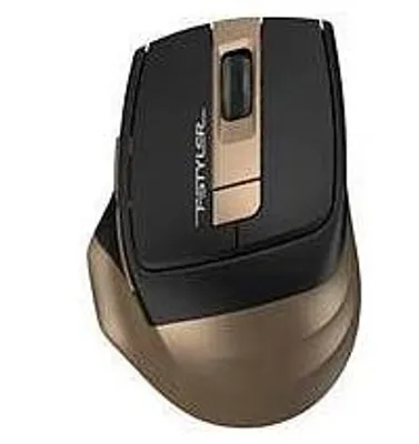 A top-down view of a black and bronze computer mouse against a white background.