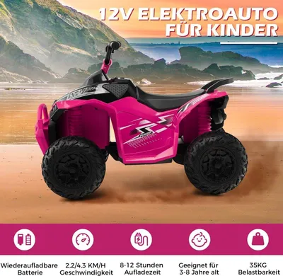 Immagine prodotto di Quad elettrico per bambini da 12 V con velocità di 2,2/4,3 KM/H e velocità di 2,2/4,3 KM/H. Corno, musica e musica Luci LED elettriche quad rosa